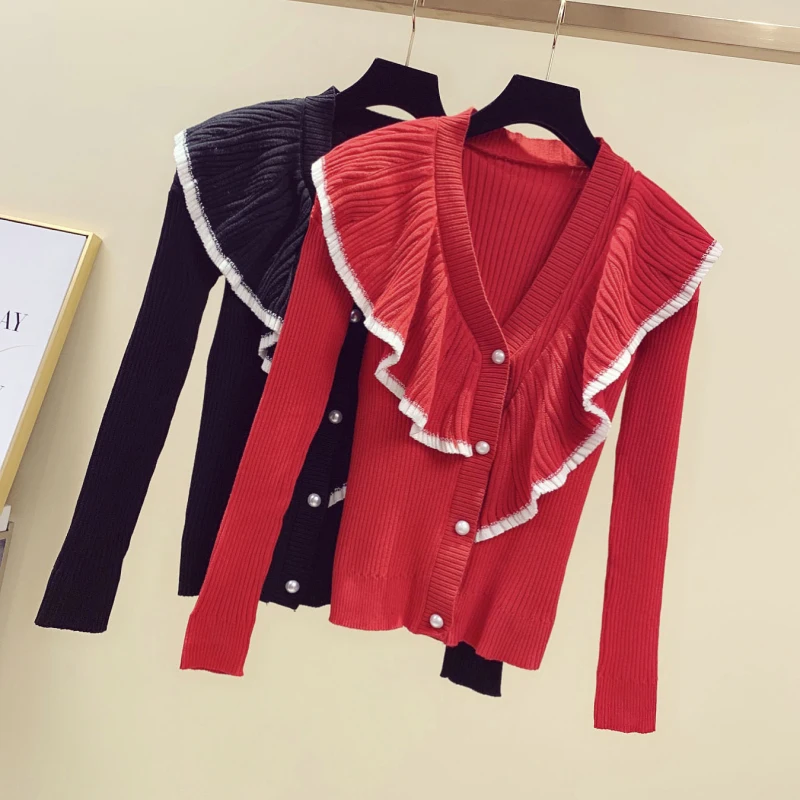 4XL sweater flounced stitching women's 2019 new Autumn fat sister knitted single-breasted |