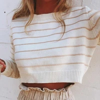 2021 autumn outfits women knitted sweater o neck long sleeve casual short knitted top female striped pullovers ladies pull femme