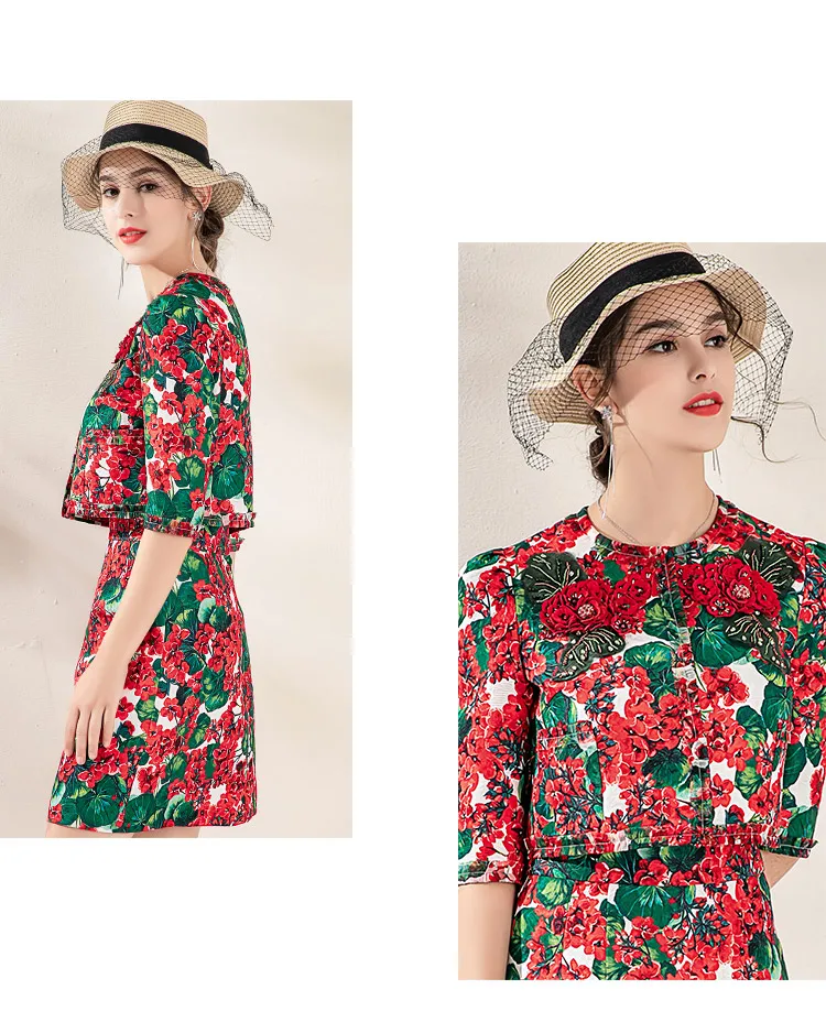 

MIUXIMAO Best Quality 2019 Fall Office Lady Twinset Elegant Half Sleeve Top + Luxury Red Flower Skirt Suits Vestidos