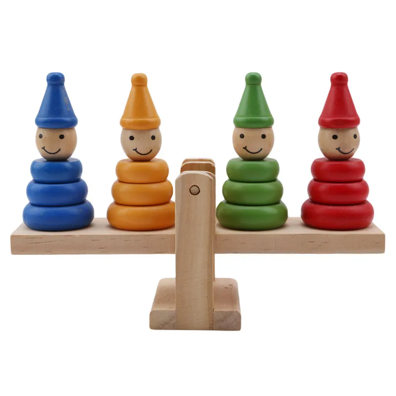 

Wooden Clown Rainbow Stacker Seesaw Balance Scale Board Balancing Game Kids Early Education Toys For Children