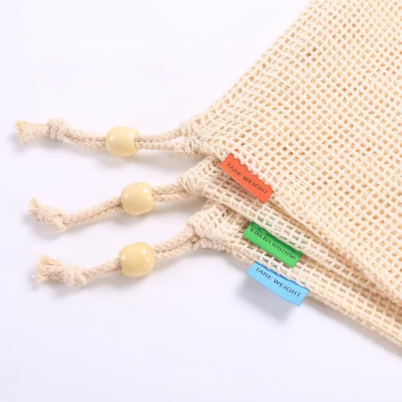 Многоразовые продуктовые сумки из органического хлопка сетчатые с двойным швом