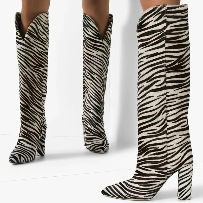 Женские сапоги до колена на массивном каблуке Zebra с острым носком высоком блочном