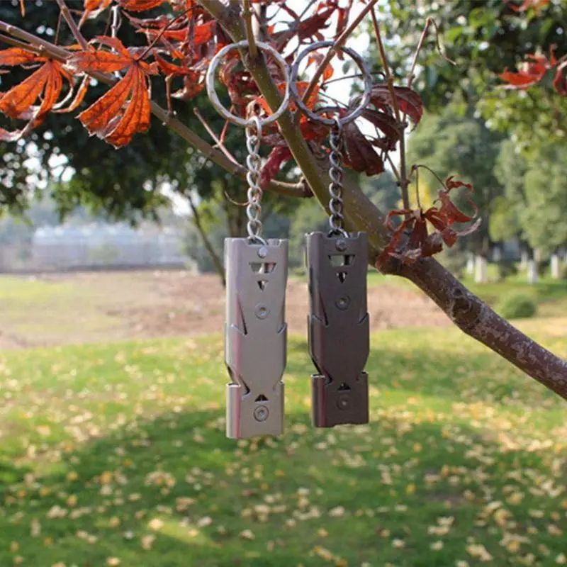 Двойная трубка OutdoorWhistle, нержавеющая сталь свисток с брелоком для пеших прогулок, кемпинга(2 шт, черный и серый