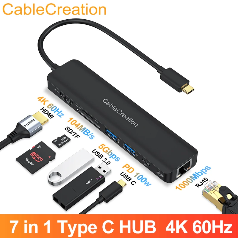 Концентратор USB C 4K 60 Гц CableCreation 7-IN-1 USB-C Многопортовый адаптер типа с HDMI 2 порта 3.0 100