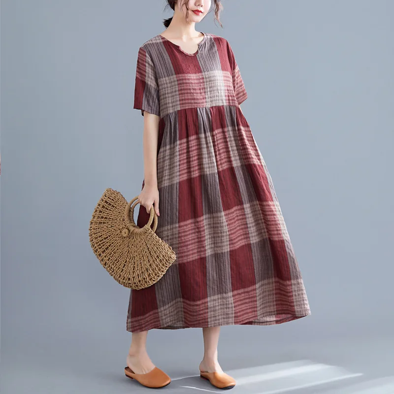 Johnature 2019 винтажное свободное женское платье в клетку летняя Новинка необычный