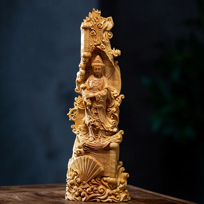 

XS275-23CM Hand Carved Boxwood Carving Kwan-yin Figurine Buddha Statue Home Decor -Guanyin Feng Shui Sculpture