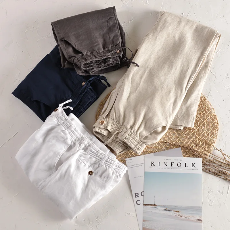 

100%Linen Men Casual Pants Solid White Straight Breathable Fashion Comfortable Full Length Male Trousers Summer Loose Clothing