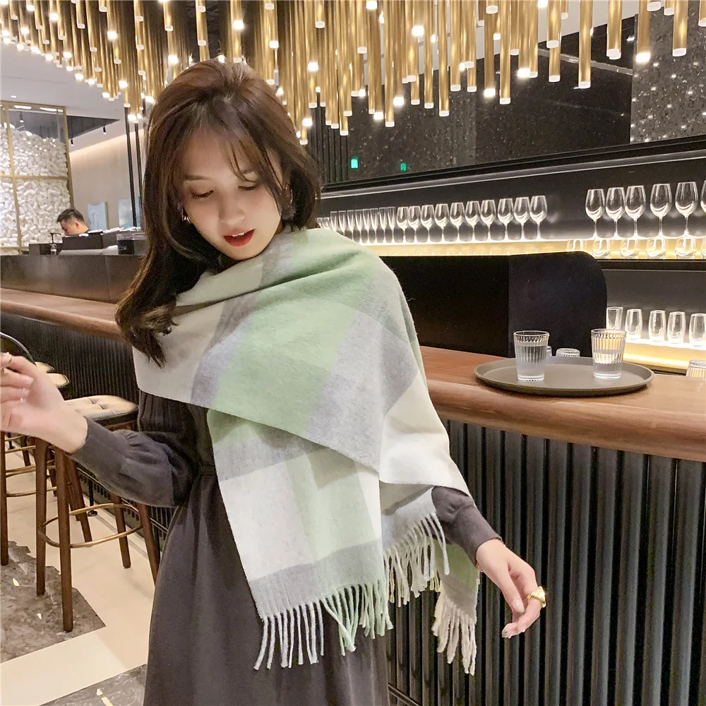 

Универсальный плотный японский модный теплый шарф-шаль женский зимний шарф из искусственного кашемира цветные клетчатые шарфы женские мод...