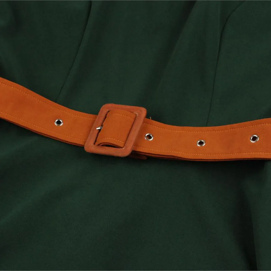 Темно зеленое осеннее женское платье туника средней длины 50s 60s ретро винтажный