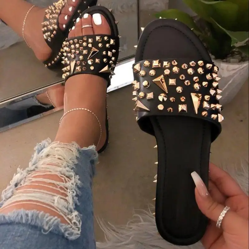 

Summer Rivet Rhinestone Flip Flop Slippers Shoes Women Outdoor Beach Flat Sandals Casual Snake Pattern Open Toe Home Slippers