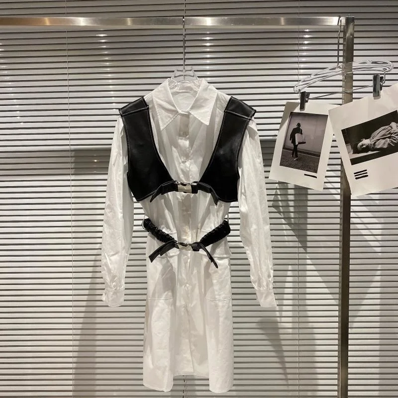 

Leather Vest Shawl Belt Design Celebrity Shirt Dress 2021 Autumn New Long Shirts