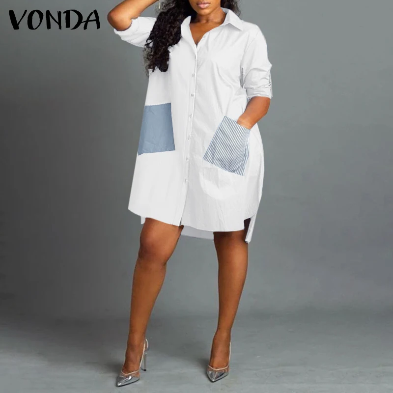 

Women Sexy Shirt Dress 2021 VONDA Vintage Long Sleeve Lapel Collar Button Up Striped Dress With Pockets Casual Vestido Robe