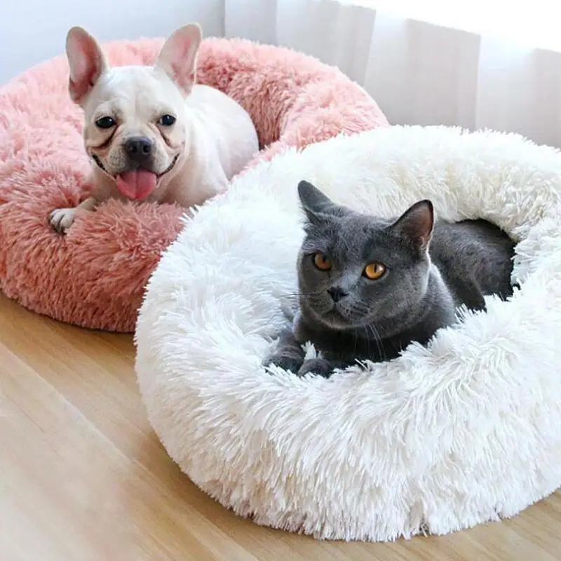 Fluffy Calming Cat Bed Autumn Winter Warm Sleeping Mat for Dog Soft Round Plush Donut Pet House Portable Comfortable Kitten Sofa | Дом и сад