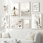 Пляжная Прогулка для девочек весенний цветок Одуванчик тростниковые птицы скандинавский плакат настенный художественный Принт Холст Живопись Декор картинки для гостиной