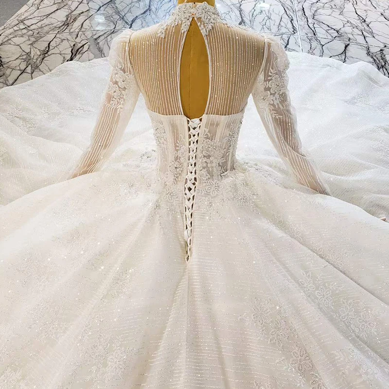 HTL2082 Long Sleeve Luxurious Sexy V-Neck Crystal Beading Sequined Wedding Dress 2021 For Woman Ball Gowns