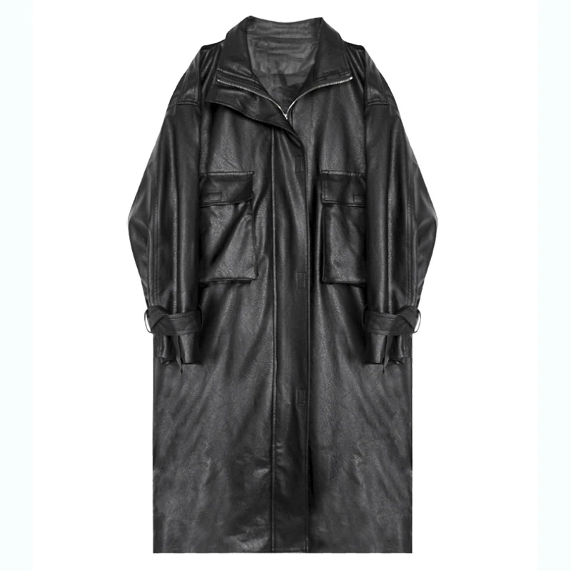 

[EAM] Women Big Size Pu Leather Trench New Lapel Long Sleeve Loose Fit Windbreaker Fashion Tide Spring Autumn 2021 1DD1227