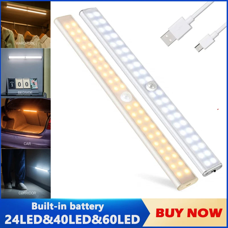 

40LED 60LED Night Light Motion Sensor Wireless USB Rechargeable Night lamp For Kitchen Corridor Kitchen Cabinet Wardrobe Lamp