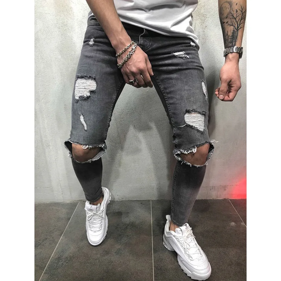 

2020 Hot Men's Long Straight Leg Slim Fit Casual Hole Strech Denim Pants Skinny Jeans Clubwear men clothes 2020 pants men