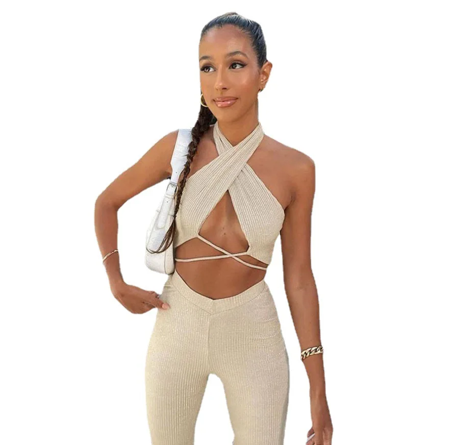 

Striped Active Casual Two Piece Sets Women 2021 Streetwear Bandage Crop Top And High Waist Pants Workout Co-ord Outfits