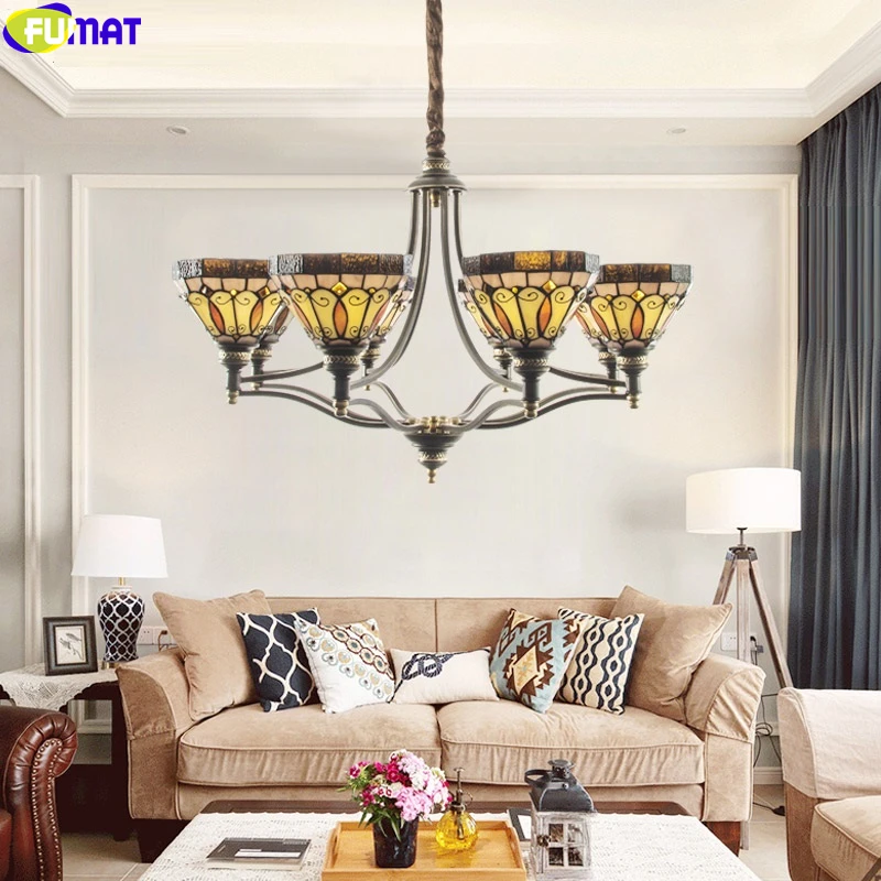 

FUMAT Tiffany Style Multi Heads Pendant Lamps Reverse Chandeliers Hanging Light Fixture Stained Glass Art Handicraft House Decor