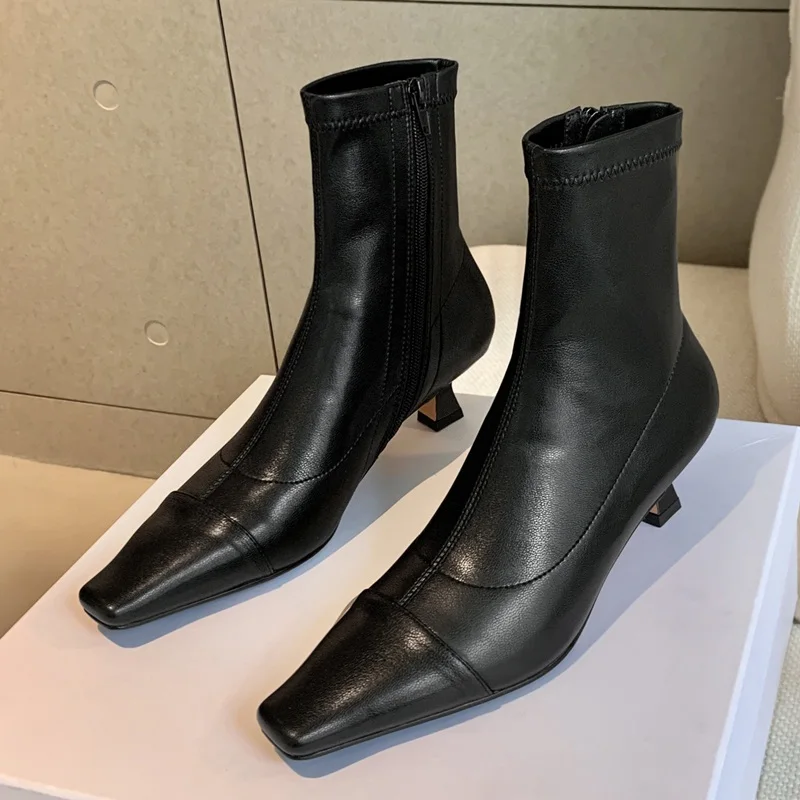 

New Women Ankle Boots Autumn Winter Zipper Shoes Woman Black Beige Fashion Concise Casual High Heels Dress Party Short Boots 40