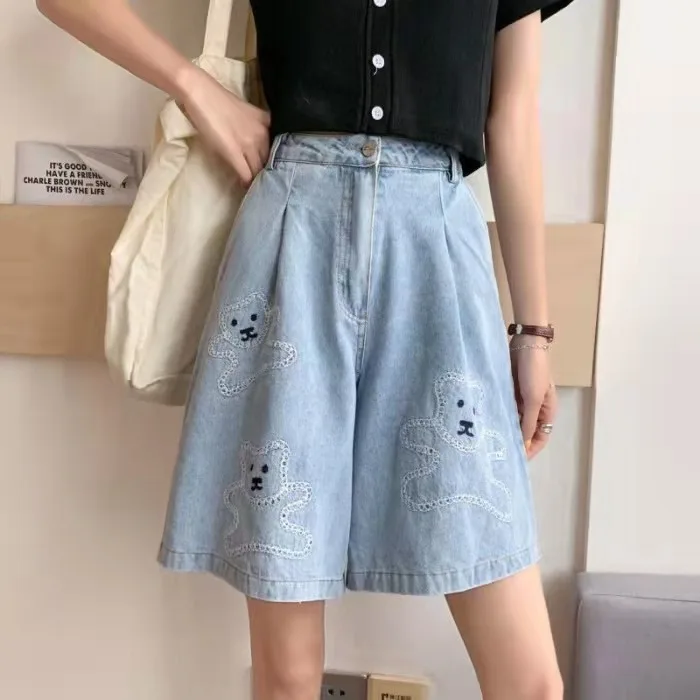 

Korean version of five minutes pants loose high waist show thin embroidered wide leg jeans women in summer 2020 versatile leisur