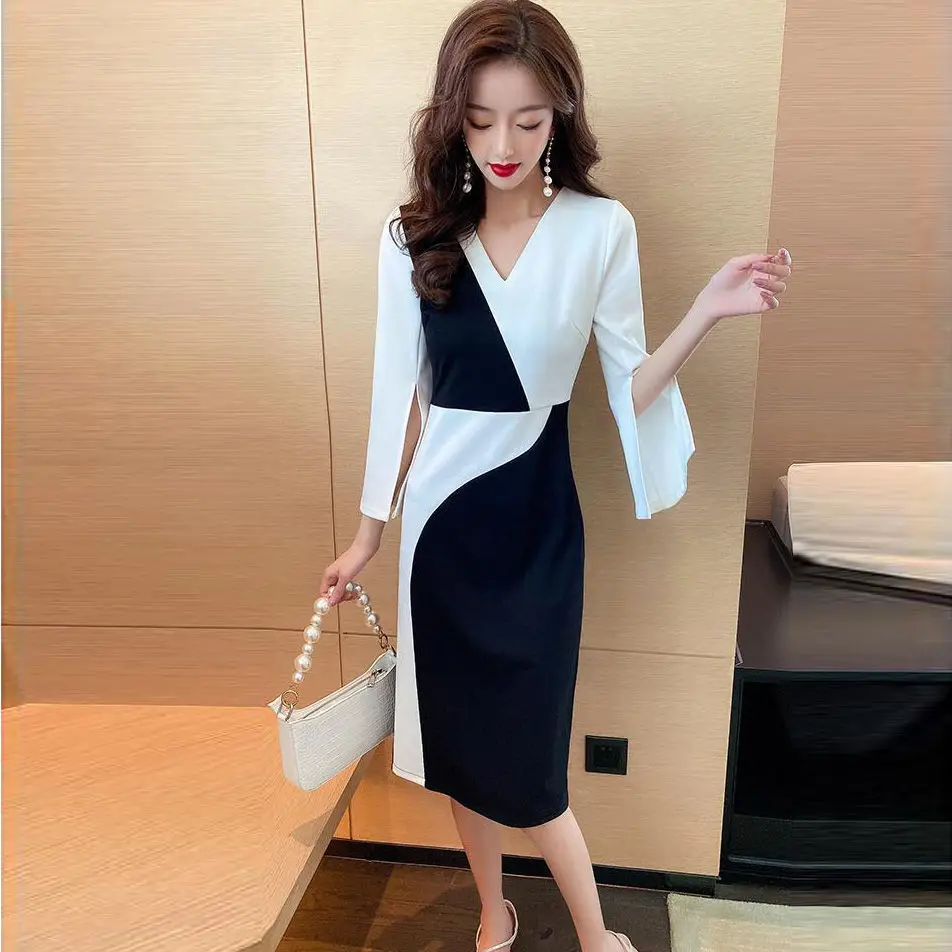 

Women 2021 Spring Summer Fashion Slim Package Hip Dress Female V-neck Patchwork Dresses Ladies Fashion Long Thin Vestidos L59