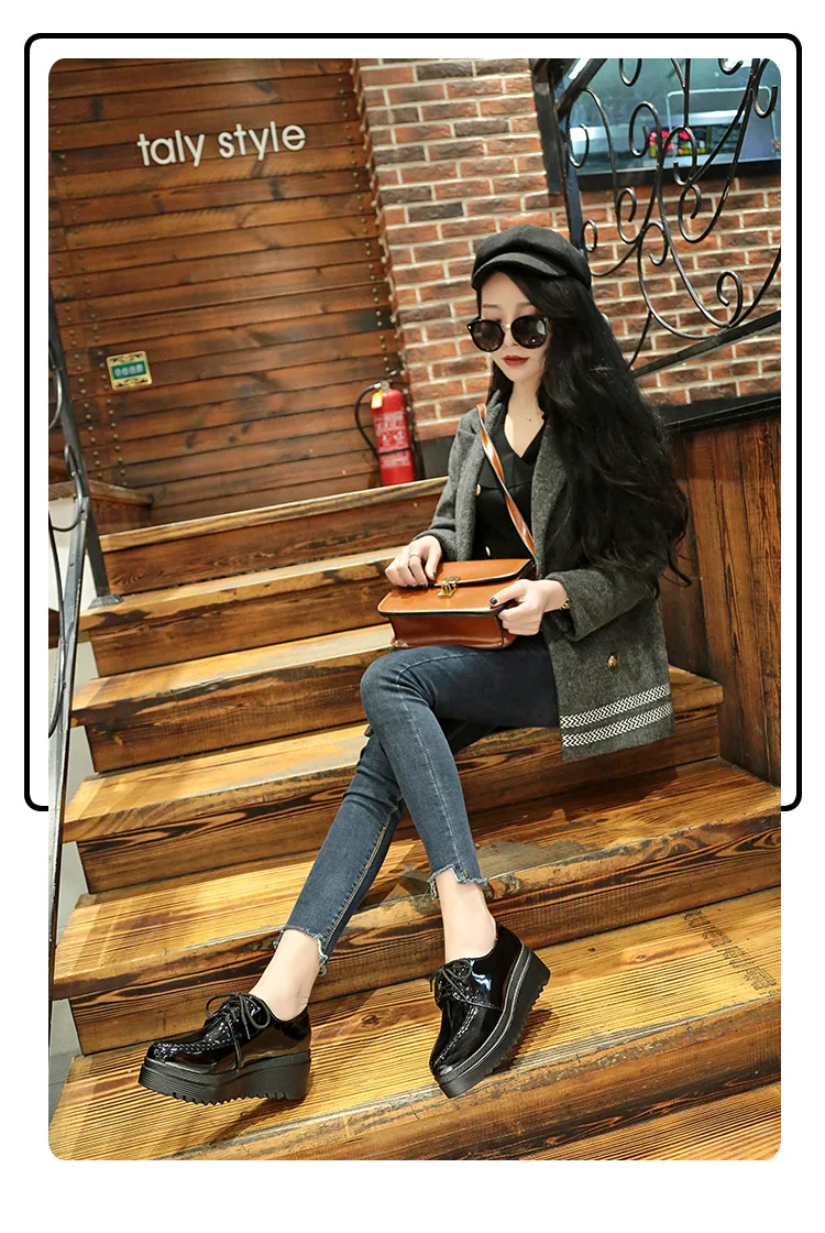 Весенние женские туфли на плоской платформе броги лакированные кожаные