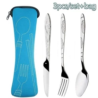 3pcs set dinnerware portable printed stainless steel spoon fork steak knife set travel cutlery tableware with bag