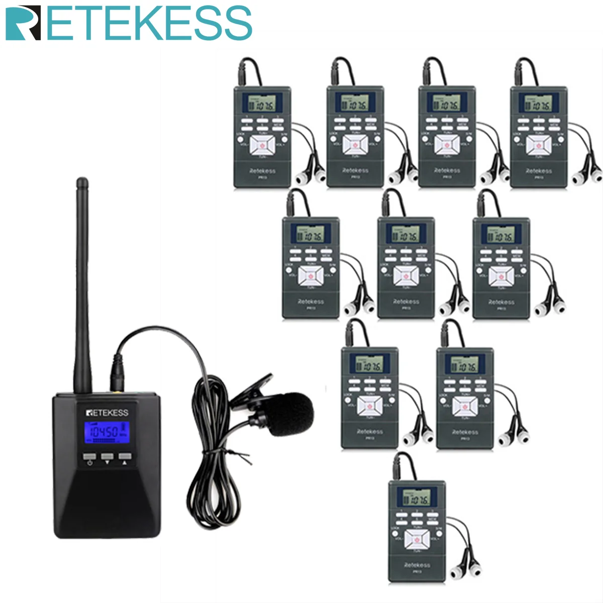 Retekess TR506 FM Transmitter+10Pcs FM Receiver PR13 Wireless Tour Guide System for Guiding Meeting Simultaneous Interpretation