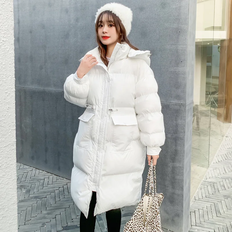 

2021 Winter New Candy Color Loose Casual Waist Hooded Bread Cotton Padded Clothes Women's Middle And Long Temperament Fashion