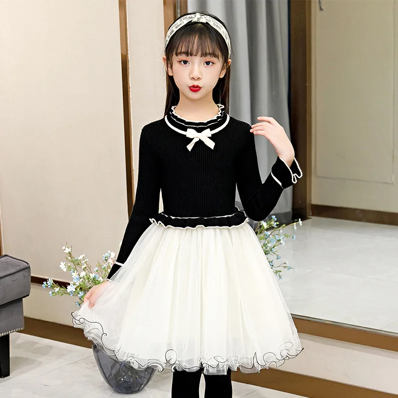 

Girls Sweater Dress Autumn Spring 2021 New Bow Tulle Teen Dresses Children's Preppy Clothing Baby Kids Clothes Black Ball Gown