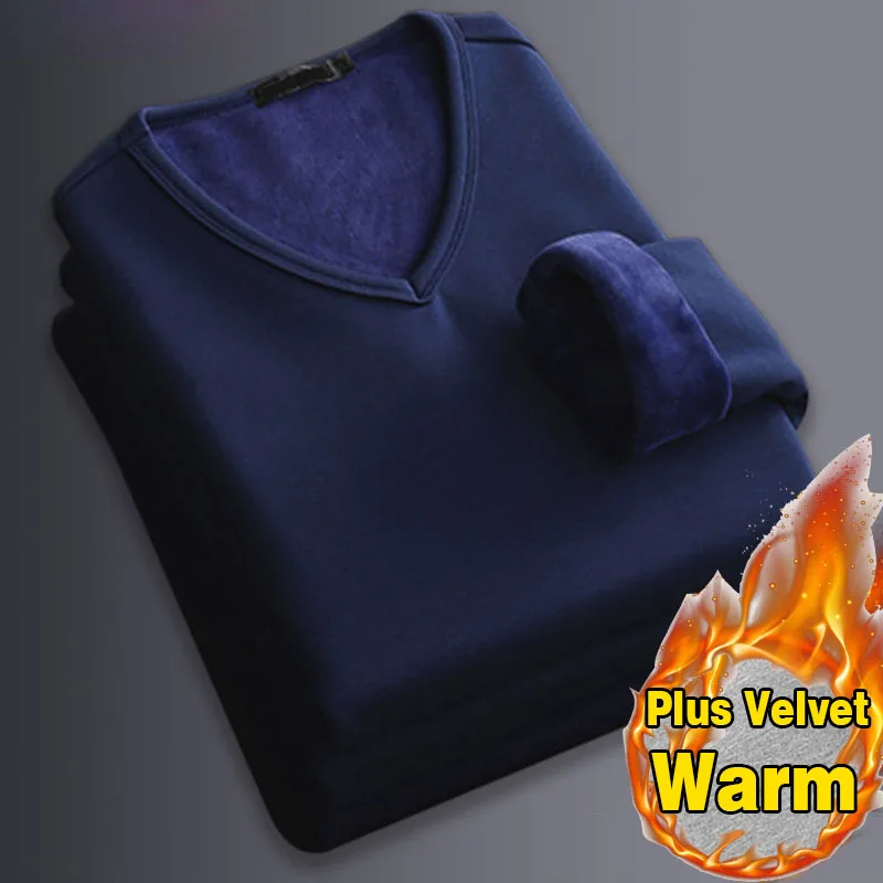Autumn Winter Plus Velvet Thickening Mens Thermal Underwear Tops Long Sleeve Soft Warm T Shirt Casual V Neck Man Thermal Blouse