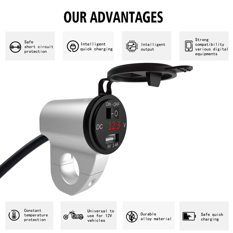 

For Motorcycle Aluminum Alloy Waterproof USB Charger Car Fast Charger with Switch 2.4A 12V Mobile Phone Adapter Digital Display