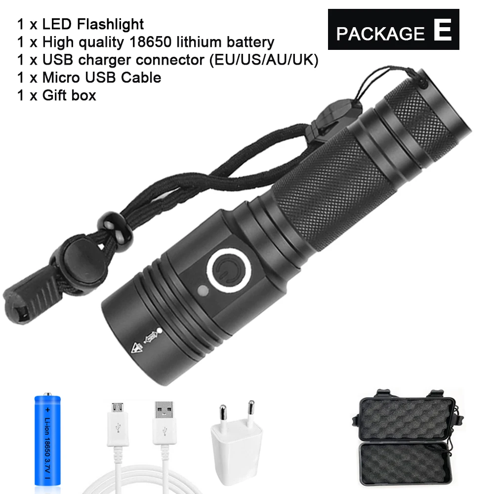 Package E Супер яркий XHP50 светодиодный фонарик самый мощный фонарик с зумом охотничья вспышка light18650 водонепроницаемый USB перезаряжаемый светодиодный фонарь - Испускаемый цвет: Package E
