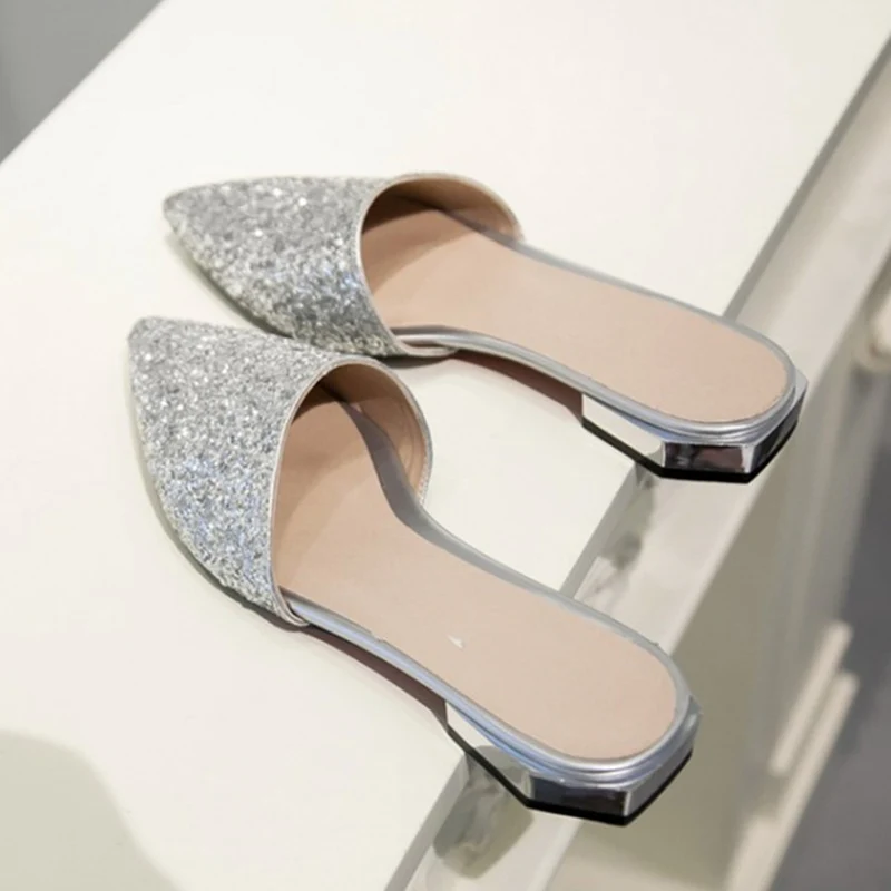 Мюли женские с блестками повседневные туфли на плоской подошве брендовые