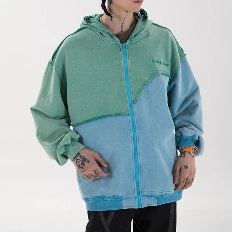 

SHENGPALAE Streetwear Coat Women's 2021 Spring New Contrast Color Patchwork Hip Hop Large Size Long Sleeve Hooded Sweatshirt