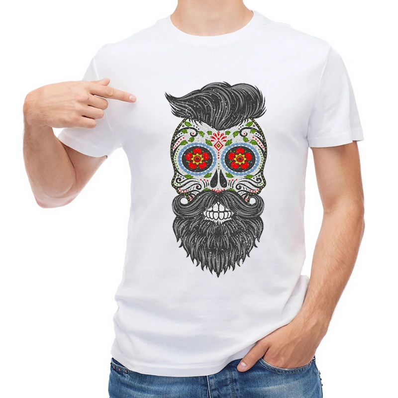 

TEEHUB Hot Sales Gothic Stars Sugar Skull Men T Shirt Vintage Moustache Skull Printed T-shirt Short Sleeve Casual Tops Boy Tees