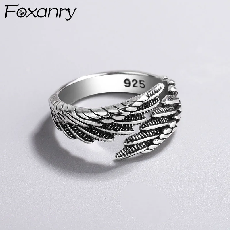 

FOXANRY Silver Color Rings Fashion Hip Hop Vintage Couples Creative Wings Design Thai Silver Party Jewelry Birthday Gifts