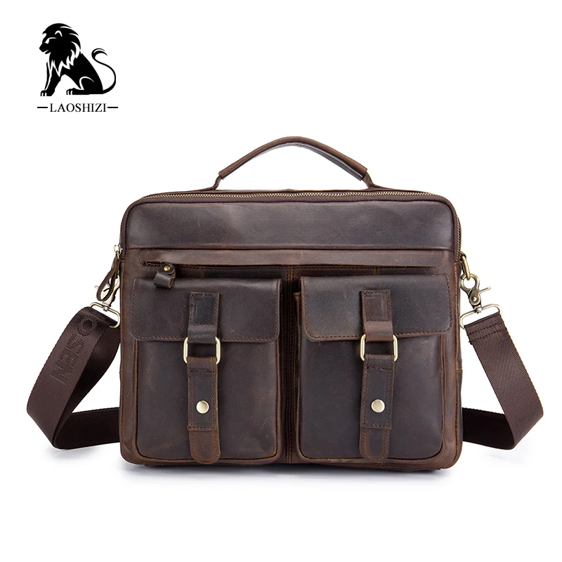 LAOSHIZI LUOSEN Vintage Men Briefcase Oil Wax Genuine Leather Tote Bag Crossbody Messenger Shoulder Bags Handbags 91501 | Багаж и сумки