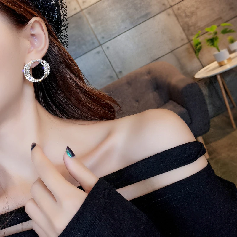 

DREJEW Gold Silver Rose Geometric Circle Luxury Rhinestone Statement Earrings Fashion Christmas 925 Drop Earrings for Women E625