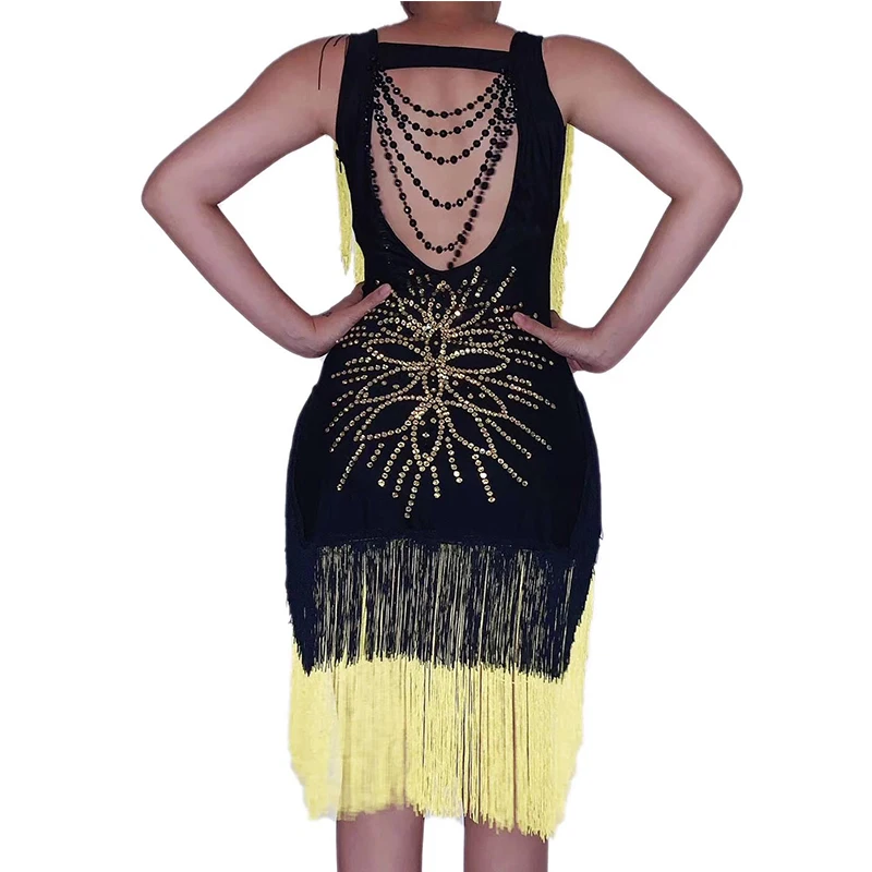 

Gold Rhinestones Tassel Beading Black Dress Birthday Celebrate Outfit Bar Dancer Outfit Prom Women Singer Dress DWY3256