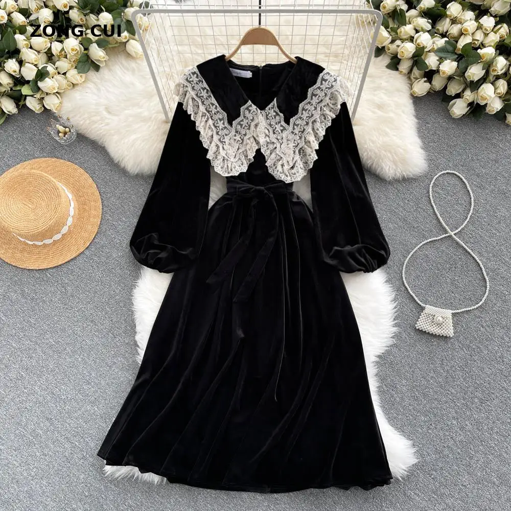 

Vintage Sweet Lace Patchwork Velvet Dress New Autumn Women Peter Pan Collar Puff Sleeve Black Bandage Dress 2021 Vestidos Robe