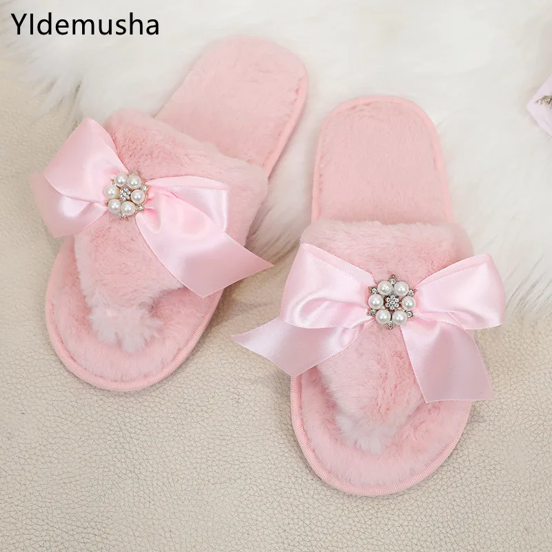 

2021 Warm Fluffy Slippers Women Cozy Faux Fur Cross Indoor Floor Slides Flat Soft Furry Shoes Ladies Female Bowknot Flip Flops