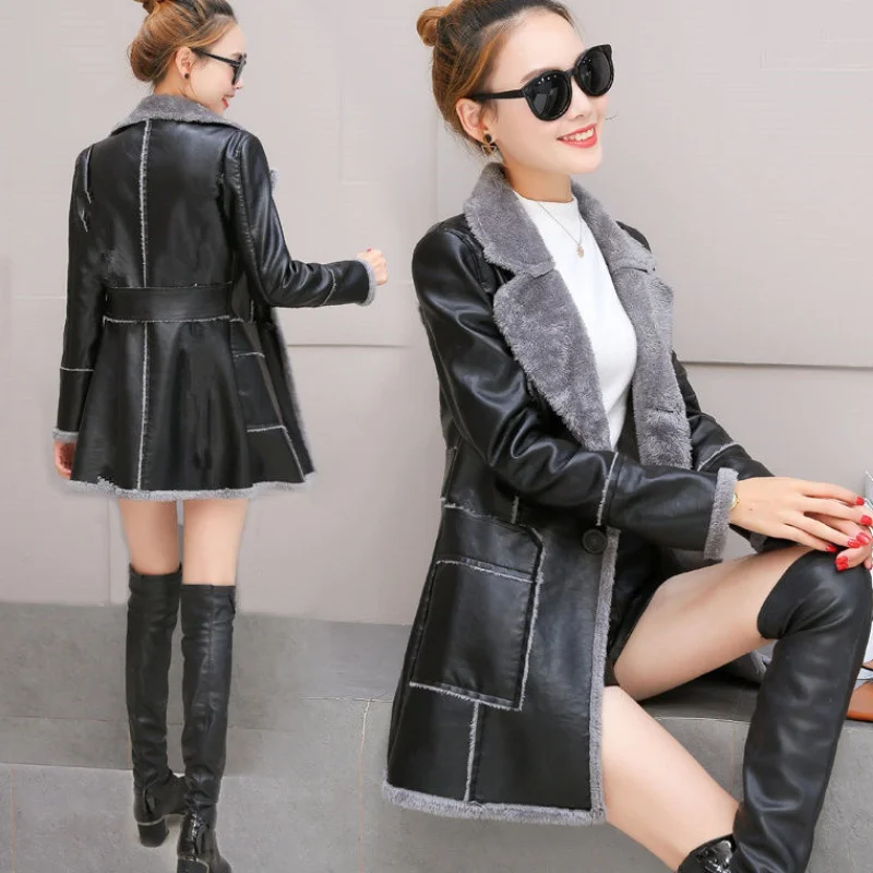 Новинка женский длинный тренчкот из кожи на осень и зиму теплое пальто