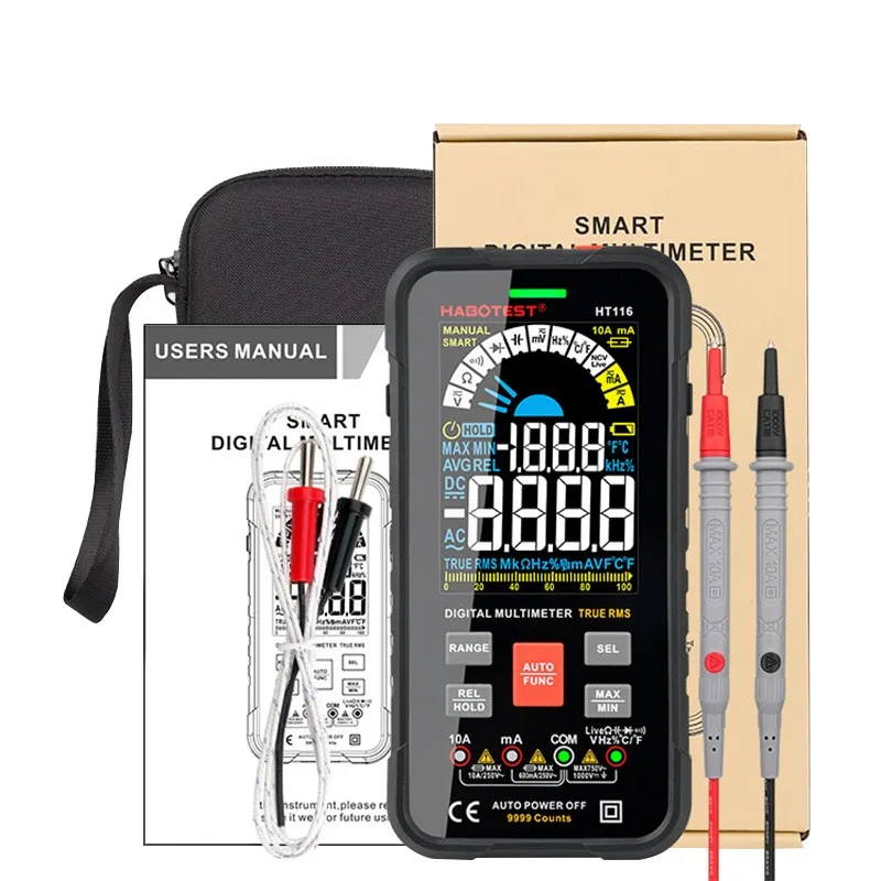 

Профессиональный умный мультиметр HT116, цифровой мультиметр с автоматическим выбором диапазона, 1000 В, 10 А, тестер Ом, Гц, емкость, реле, истинн...