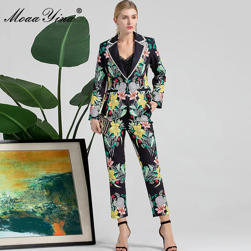 

MoaaYina Fashion Runway Autumn Pants Set Women Long Sleeve Single Button Jacket Coat and Floral Print Pants Two Piece Suit