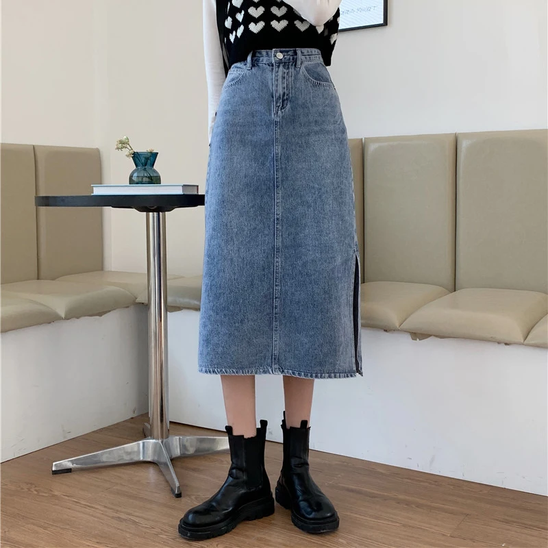 

2021 Vintage Women Denim Midi Skirt Split Mid-Calf Length Buttoned High Waist Pencil Skirt Skirts Womens M51