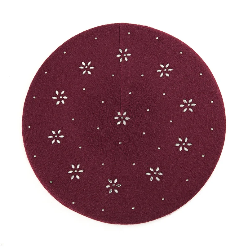 42903 Wine red Ladybro, двухслойная, стразы, шерстяная шапка, женская, осень, зима, шапка, теплый берет, женская вязаная шапка, кепка boina, женский берет, шапка - Цвет: 42903 Wine red