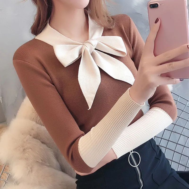 

Office Lady Sweater Women Sweet Bow Solid V-Neck Sweater Pullovers Fashion Patchwork Knitted Female Tops W2